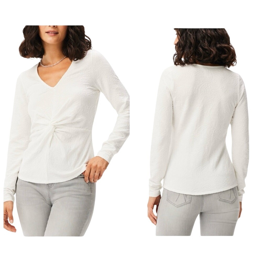 Nic+Zoe Twist Lace Knit, V-Neck, Fitted, Long Sleeve, Women's, Milk White, Large